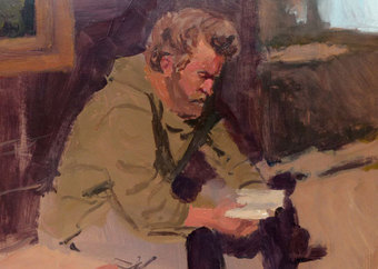 Olivier Desvaux "Lecture avant la p&ecirc;che" 30cm x 26cm 40 cm x 30 cm huile sur papier kraft